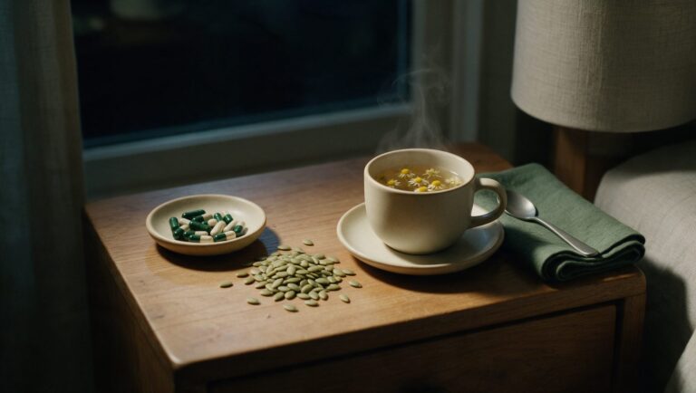 A small dish of capsules beside a handful of pumpkin seeds and a cup of chamomile tea on a bedside table at night