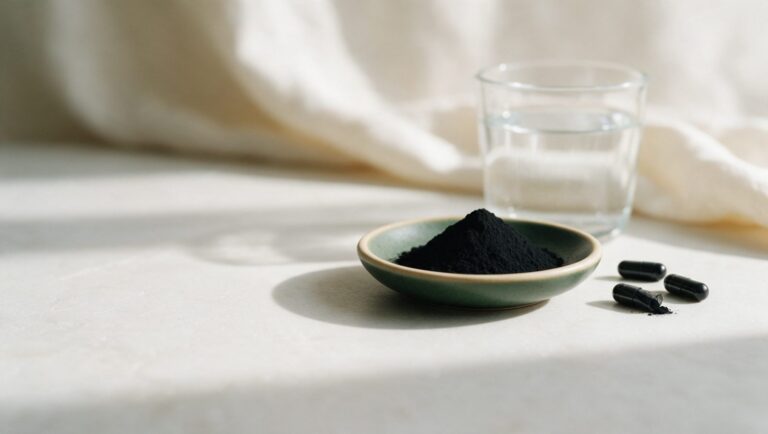 Dish of black activated charcoal powder with black capsules and a glass of water