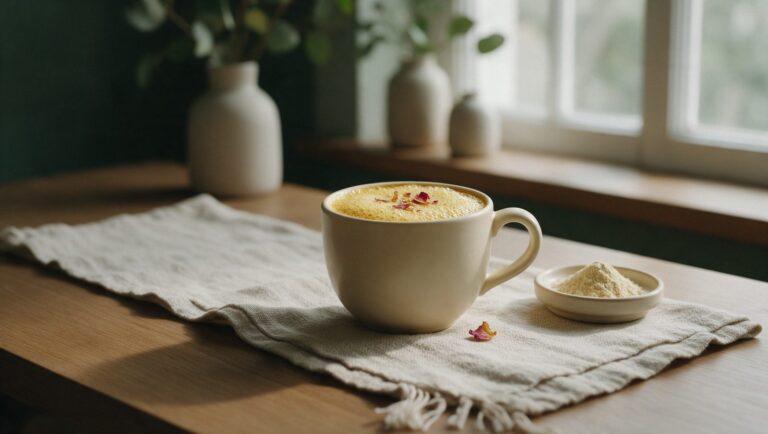 Golden root latte in a cream cup with dried rose petals and root powder
