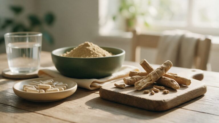 Dried ashwagandha root on a wooden board beside a bowl of root powder, a dish of capsules and a glass of water