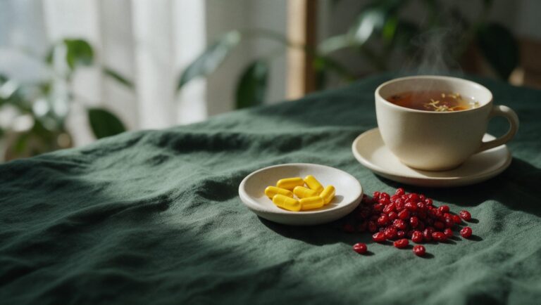 Yellow capsules in a small dish beside dried red barberries and a cup of herbal tea on dark green linen