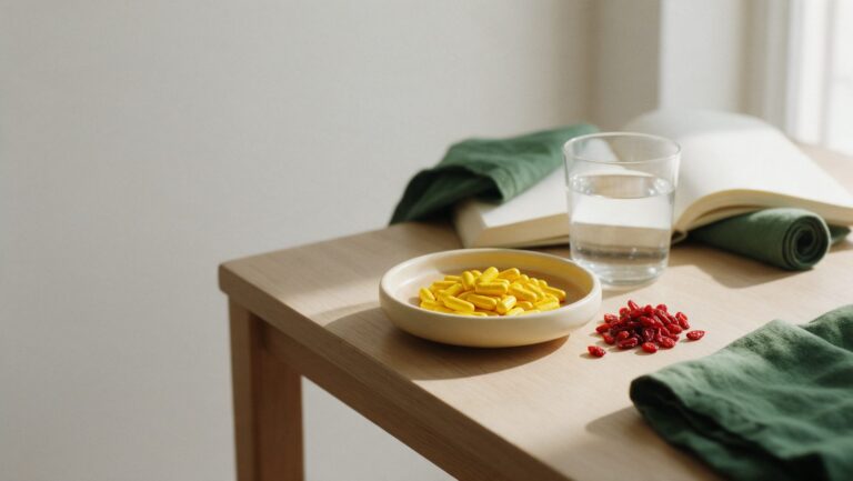 A dish of yellow capsules beside dried red barberries, a glass of water and a blank notebook on a wooden table