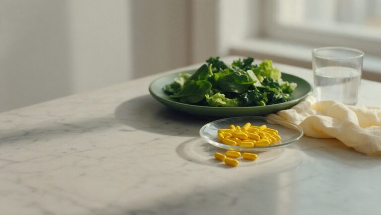 Yellow capsules in a glass dish beside a plate of salad greens and a glass of water on a light marble table