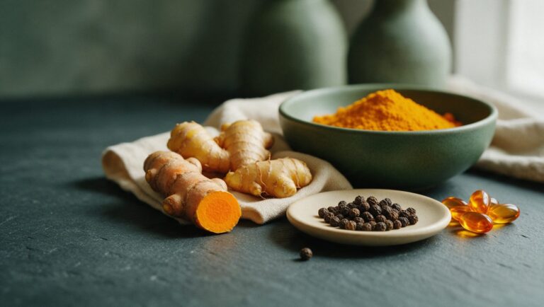 Fresh turmeric and ginger roots, turmeric powder, black peppercorns and softgels