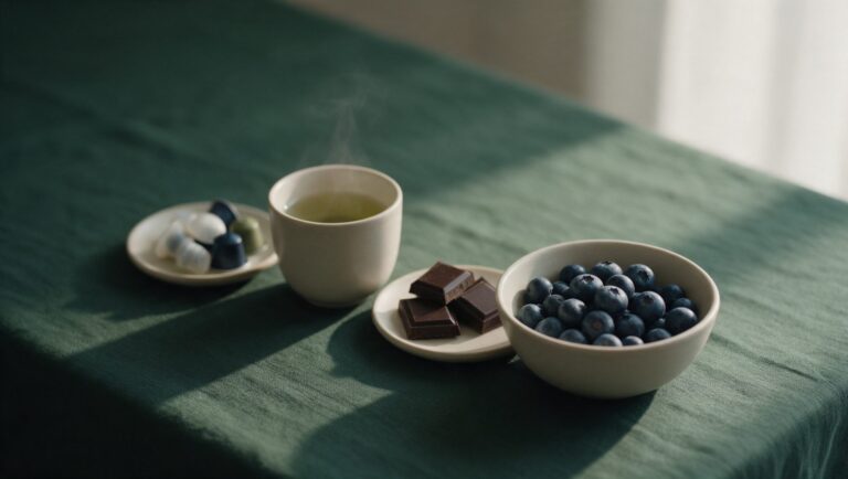 A bowl of blueberries, a few dark chocolate squares, a cup of green tea and a small dish of capsules on dark green linen