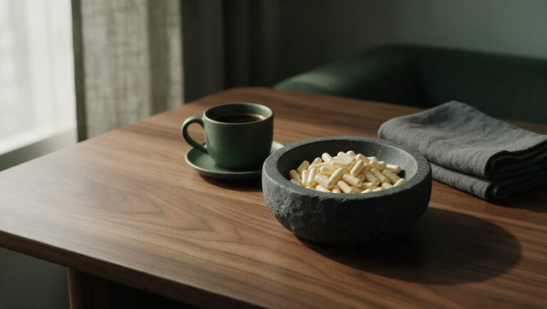 Bowl of capsules on a walnut desk beside a cup of black coffee