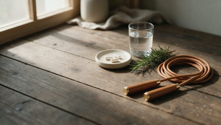 Capsules, a glass of water, rosemary and a leather jump rope on a wooden table