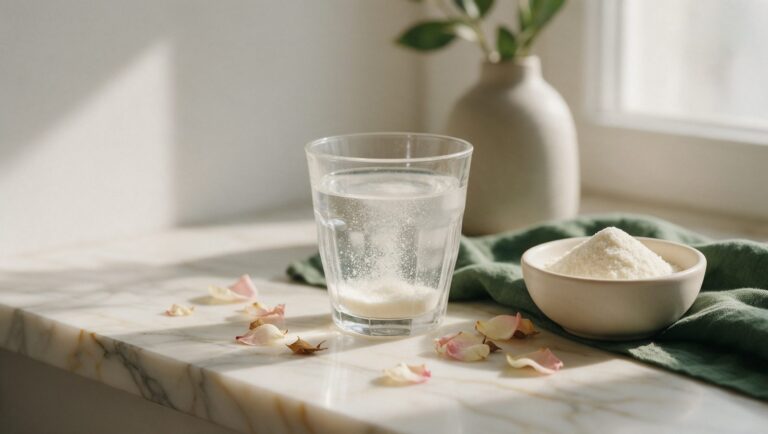 A glass of water with dissolving powder, a small bowl of collagen powder and a few rose petals on a cream marble surface
