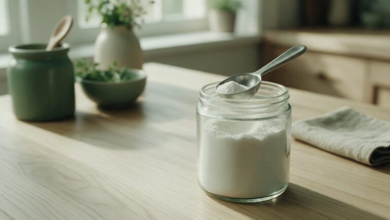 Glass jar of white powder with a steel scoop on a light kitchen counter