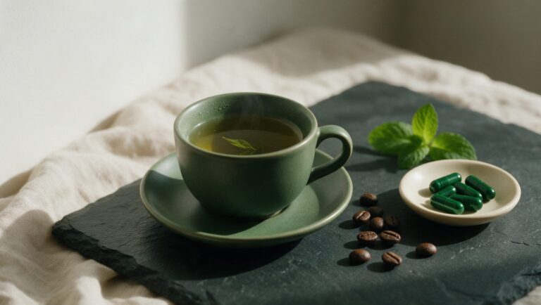 A cup of green tea, a few coffee beans and a small dish of capsules on a slate surface with a sprig of mint