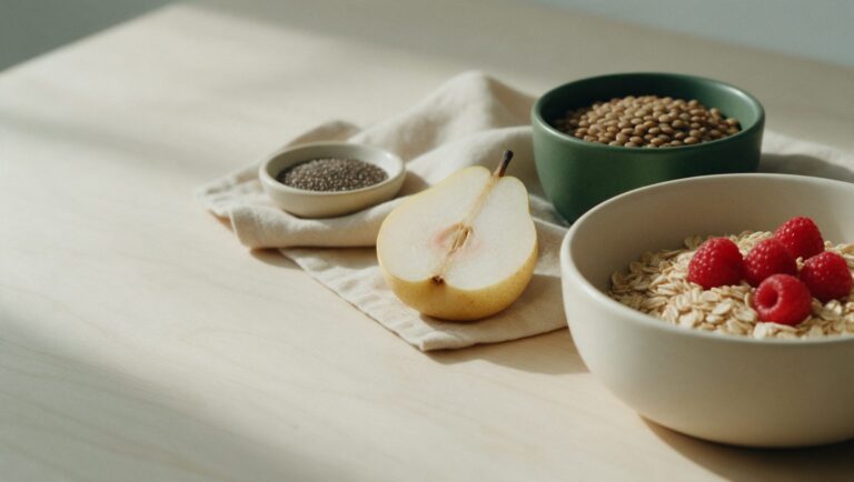 Rolled oats with raspberries, a bowl of lentils, a halved pear and a dish of chia seeds on a light wooden table