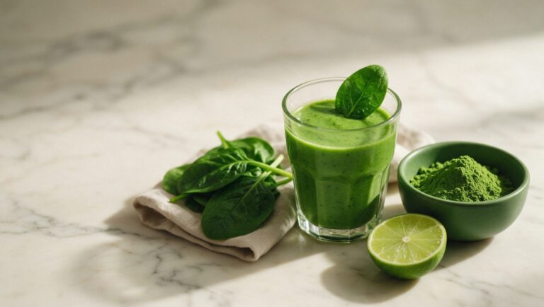 Glass of green drink beside a bowl of green powder, spinach and a halved lime