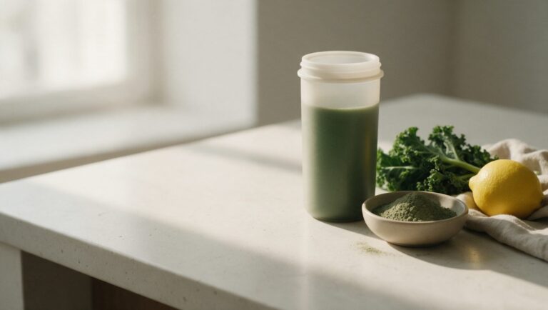 A plain frosted shaker with a green drink beside a small bowl of green powder, kale leaves and a lemon on a stone counter