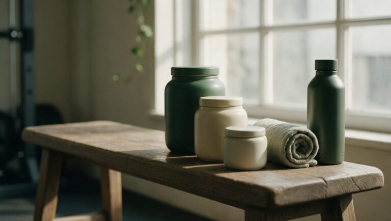 Plain supplement jars on a wooden gym bench beside a towel and a water bottle