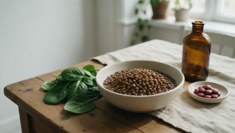 A bowl of cooked lentils, fresh spinach leaves and a dish of red tablets beside an unlabeled amber bottle
