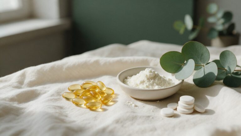 Golden softgels, white tablets and a small bowl of collagen powder on cream linen beside a sprig of eucalyptus