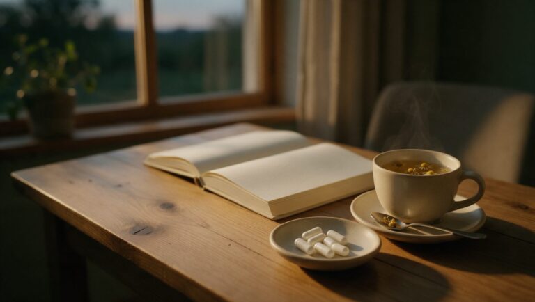 White capsules beside a cup of chamomile tea and an open notebook on a wooden desk at dusk