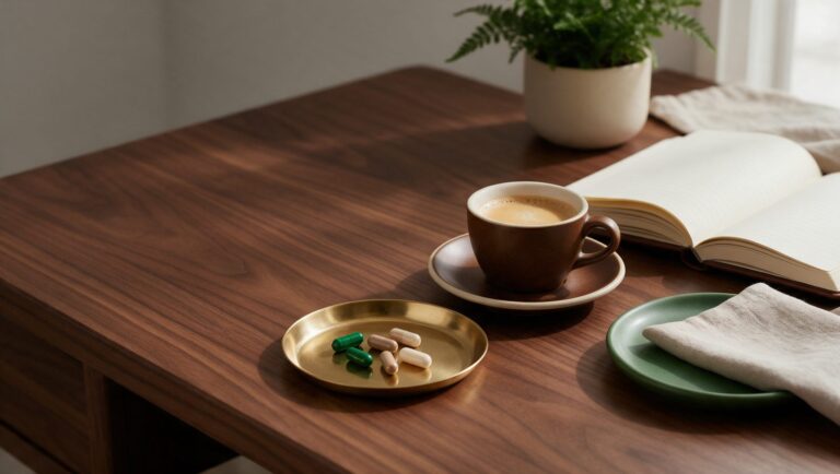 Brass tray of capsules beside a cup of coffee and an open blank notebook