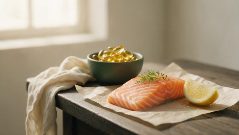 Large golden fish oil softgels in a small bowl beside a fresh salmon fillet on parchment and a lemon wedge