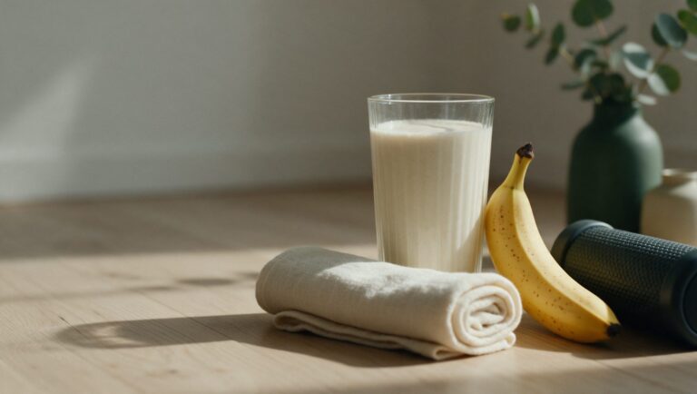 Protein shake, a banana, a rolled towel and a foam roller on a wooden floor