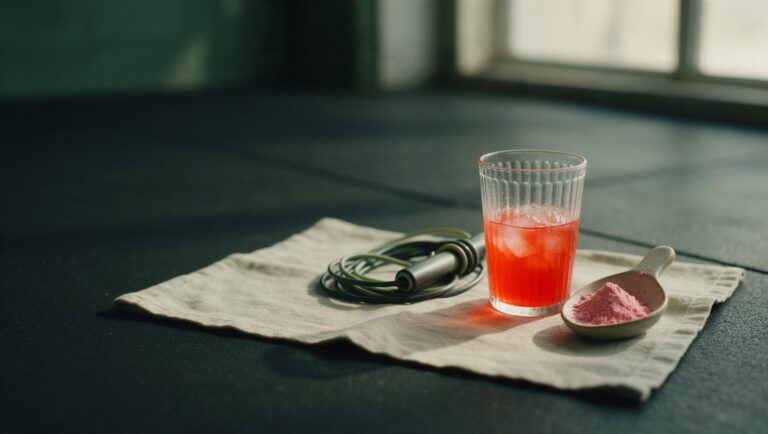 Red-orange drink with ice, a scoop of pink powder and a jump rope on a gym floor