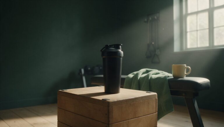 Plain black shaker bottle on a wooden plyo box in a home gym