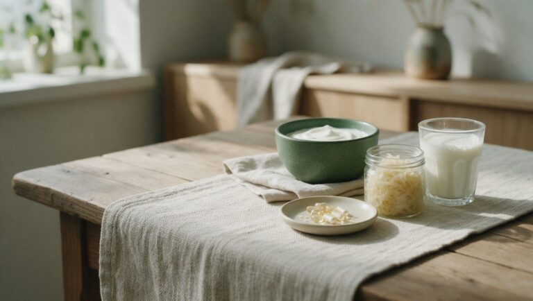 Bowl of yogurt, a jar of sauerkraut, a glass of kefir and a dish of capsules