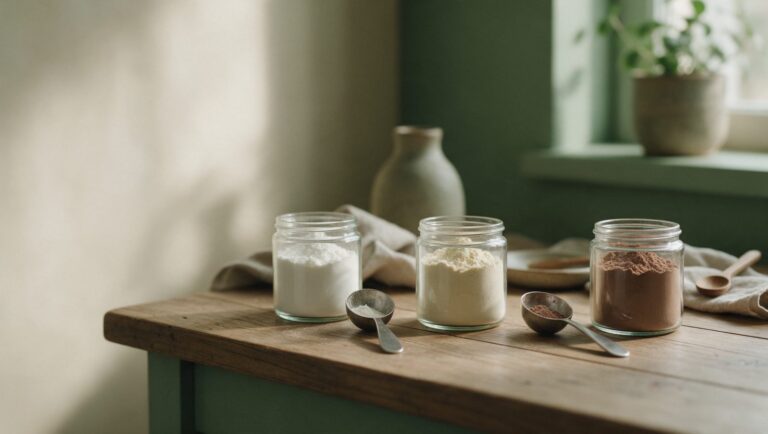 Three glass jars of protein powder in different shades, white, beige and chocolate, with steel scoops on a wooden counter