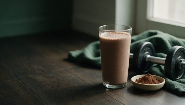 Chocolate protein shake beside a dumbbell and a dish of cocoa powder