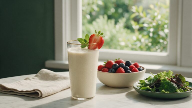 Vanilla protein smoothie beside a bowl of berries and a plate of salad greens