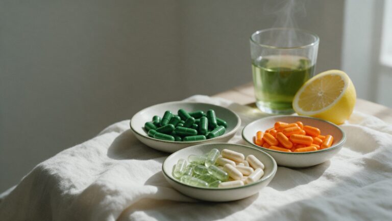 Three dishes of capsules beside a glass of green tea and a halved lemon