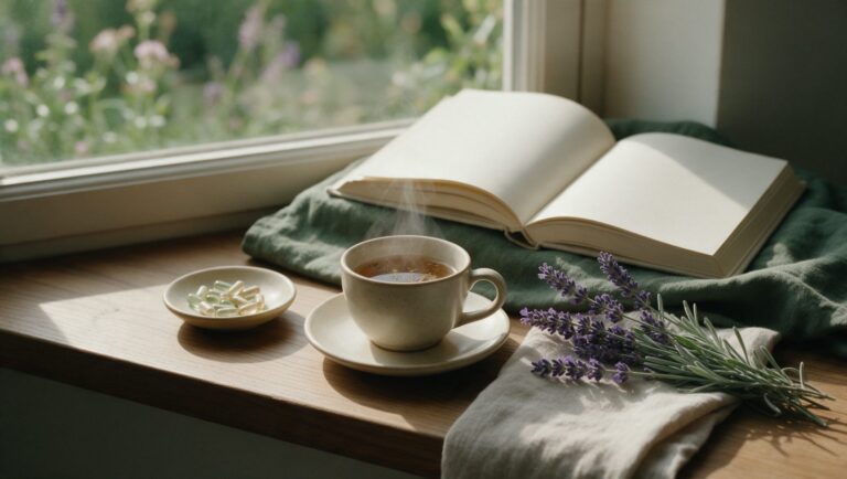 Herbal tea, a dish of capsules, lavender and an open blank book by a window