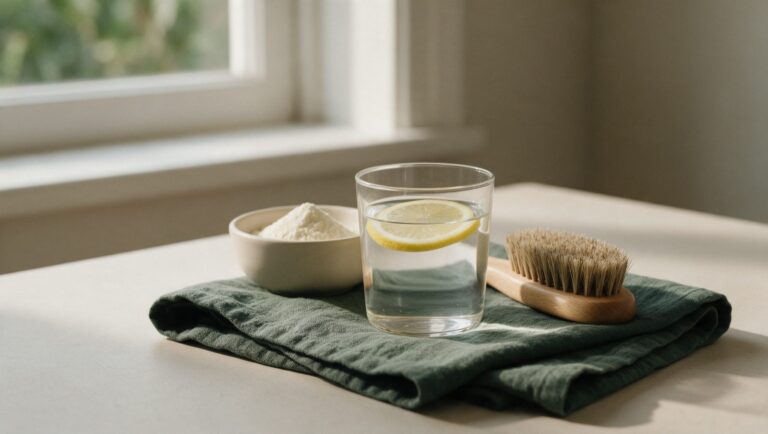 Glass of lemon water, a bowl of collagen powder and a dry body brush on a linen towel
