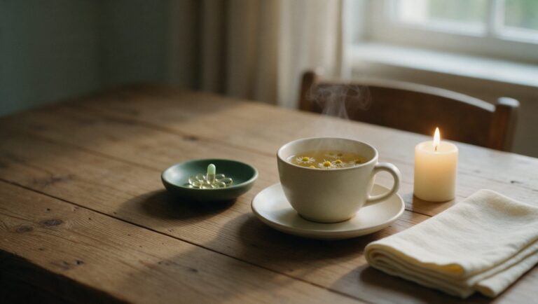 Cup of chamomile tea, a dish of capsules and a lit candle on a wooden table