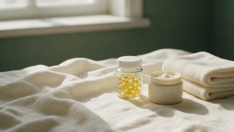 Glass jar of golden softgels beside an open jar of moisturizing cream and a folded cotton towel