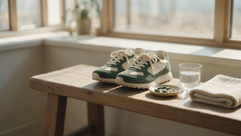 A pair of green running shoes, a glass of water, a small dish of capsules and a folded towel on a wooden bench