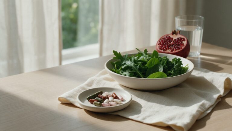A small dish of capsules beside a bowl of leafy greens, a halved pomegranate and a glass of water on a light wooden table