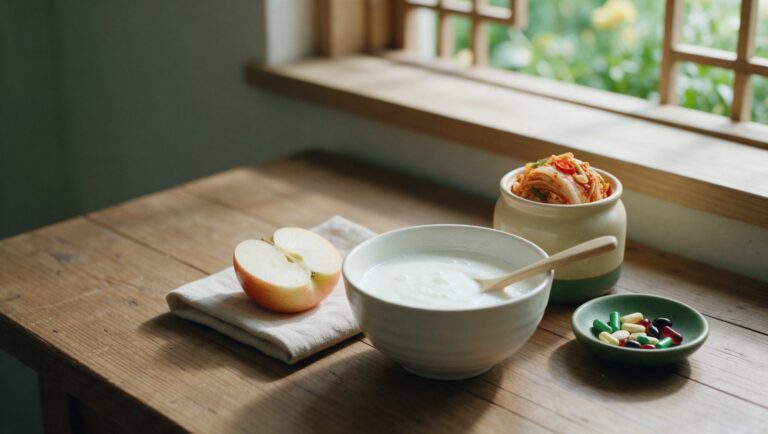 A bowl of kefir, a small jar of kimchi, a halved apple and a dish of capsules on a wooden table