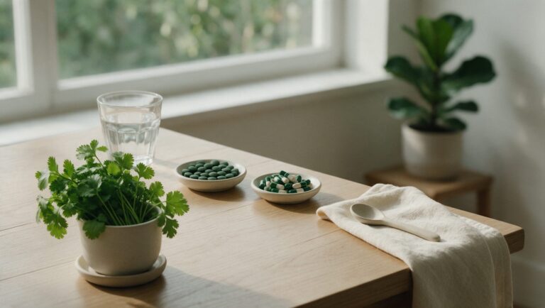 Fresh cilantro, a glass of water and dishes of green tablets and capsules