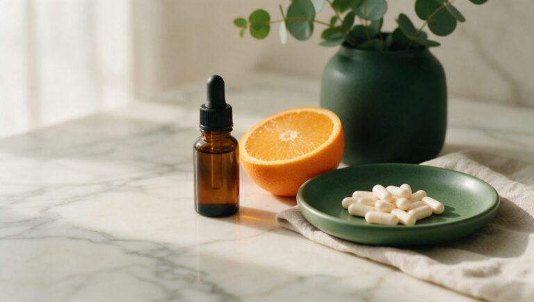Unlabeled amber dropper bottle, a halved orange and a dish of capsules on cream marble