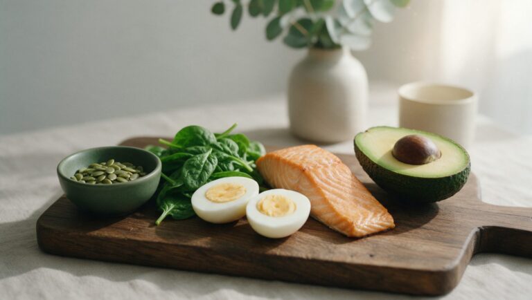 A halved avocado, a salmon fillet, boiled eggs, spinach and pumpkin seeds on a wooden board