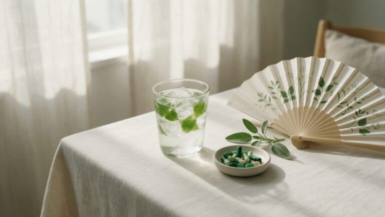 A glass of iced water with mint, a small dish of capsules and a sprig of sage beside a folded paper hand fan on a cream table