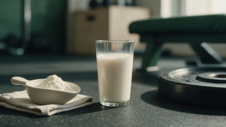 Scoop of white powder, a shake and a weight plate on a gym floor