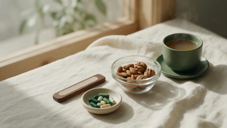 Bowl of almonds and walnuts, a cup of broth, a dish of capsules and a wooden nail file on linen