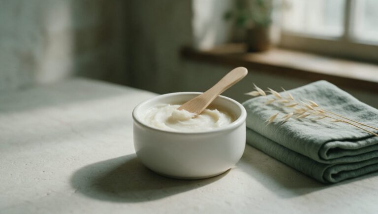 A white ceramic pot of thick unscented ointment with a wooden spatula beside a folded green towel and oat stems
