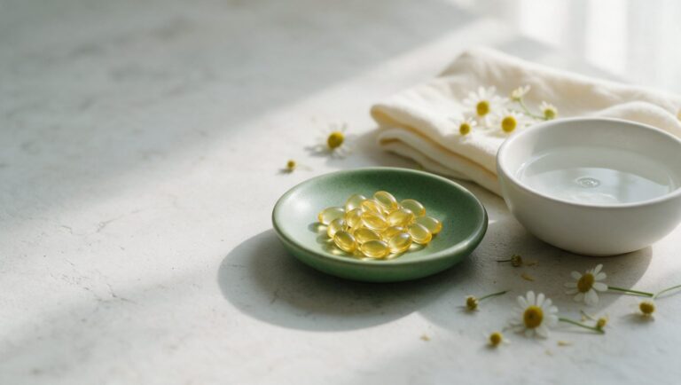 Golden softgels in a green dish beside a bowl of cool water, a soft cloth and chamomile flowers