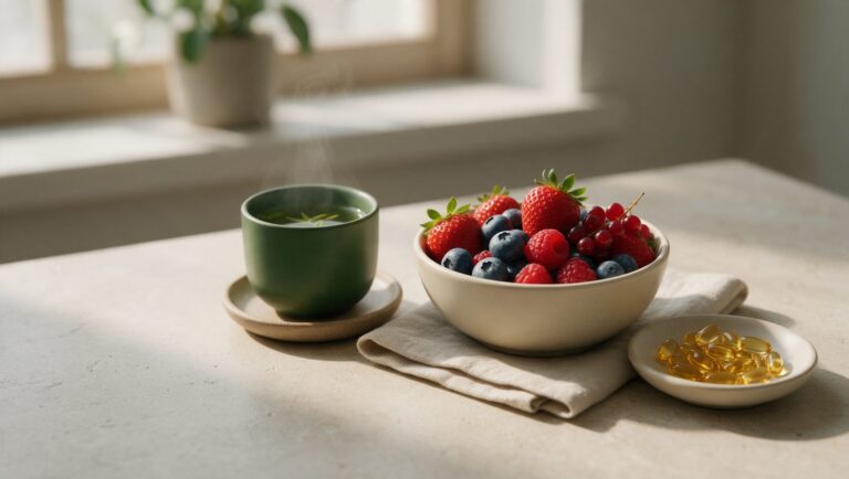 A bowl of berries, a cup of green tea and a dish of softgels on a light stone surface in soft morning light
