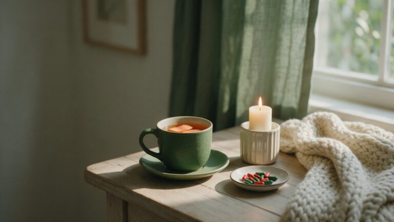 Cup of tea, a candle, a dish of capsules and a knitted blanket