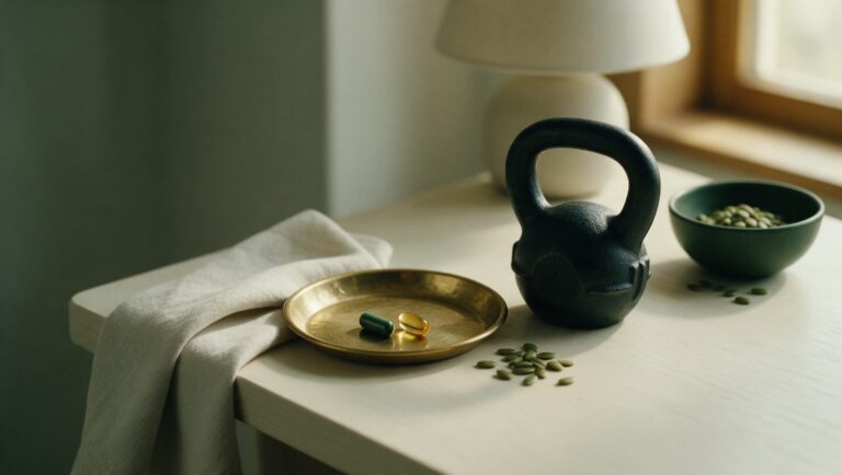 Capsules on a brass tray beside a kettlebell and pumpkin seeds