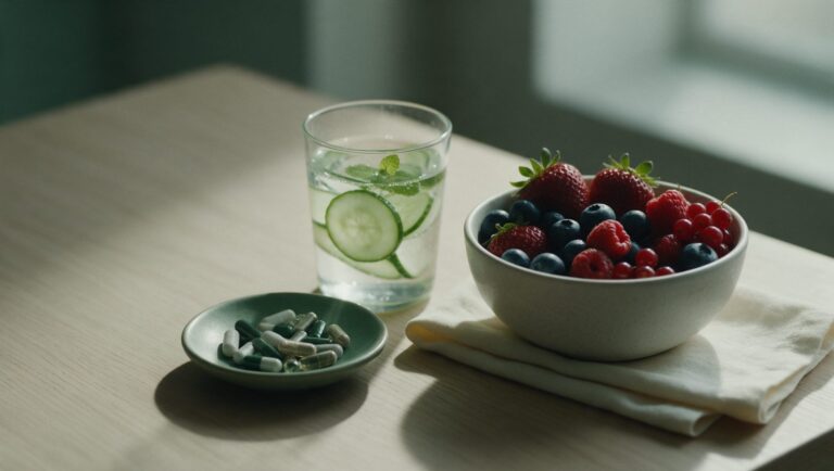 Bowl of berries, a glass of cucumber water and a dish of capsules